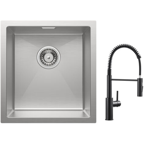 Cecipa Lavello da cucina 1 vasca 40x44 cm Lavello in acciaio inox spazzolato + miscelatore cucina a molla con doccetta estraibile, rubinetto lavello 2 modalità di uscita acqua, Nero