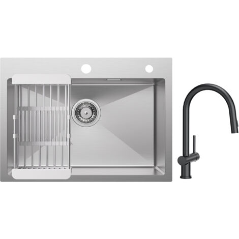 Cecipa Lavello da cucina 1 vasca 60×45×18 cm Lavello da cucina in acciaio inox 304 spazzolato con cestello di scarico + Miscelatore da Cucina con Doccetta Estraibile con 2 Tipi di Getto Nero