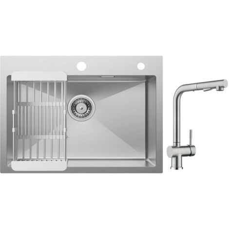 Cecipa Lavello da cucina 1 vasca 60×45×18 cm Lavello da cucina in acciaio inox 304 spazzolato con cestello di scarico + rubinetto da cucina con miscelatore lavello estraibile con doccetta spazzolato