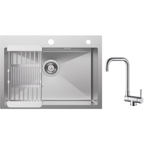 Cecipa Lavello da cucina 1 vasca 60×45×18 cm Lavello da cucina in acciaio inox 304 spazzolato con cestello di scarico + rubinetto da cucina pieghevole Miscelatore lavello pieghevole spazzolato