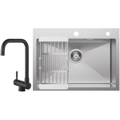 Cecipa Lavello da cucina 1 vasca 60×45×18 cm Lavello da cucina in acciaio inox 304 spazzolato con cestello di scarico + rubinetto da cucina pieghevole Miscelatore pieghevole sotto finestra Nero