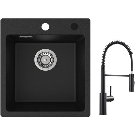 Cecipa Lavello da Cucina in Granito Nero 40x45 cm Lavello da Incasso 1 Vasca + Miscelatore Cucina a Molla con Doccetta Estraibile, Rubinetto Lavello 2 Modalità Uscita Acqua, Nero