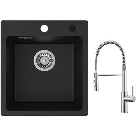 Cecipa Lavello da Cucina in Granito Nero 40x45 cm Lavello da Incasso 1 Vasca + Miscelatore Cucina a Molla con Doccetta Estraibile, Rubinetto Lavello 2 Modalità Uscita Acqua, Spazzolato