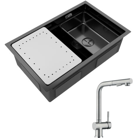 Cecipa Lavello da Cucina Nero a 1 Vasca con Sgocciolatoio e Lavello da Incasso 70×44×21 cm + Miscelatore da Cucina Spazzolato con Rubinetto Doccia a Doccetta