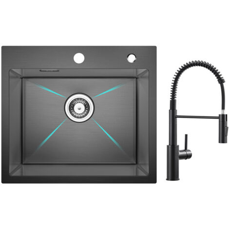 Cecipa Lavello Inox Nero Lavello 1 Vasca 50×45 cm Lavello Cucina + Miscelatore Cucina Spring con Doccetta Estraibile, Rubinetto Lavello 2 Modalità Uscita Acqua, Nero