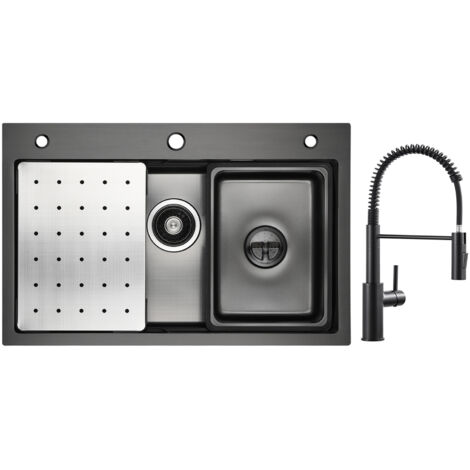 Cecipa Lavello Nero 1 Vasca 70×45 cm con Gocciolatoio / Vaschetta / Dosatore Sapone + Miscelatore Cucina a Molla con Doccetta Estraibile, Rubinetto Lavello 2 Modalità Uscita Acqua, Nero