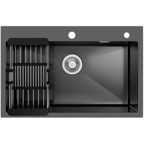 CECIPA MAX 70 × 45 CM Évier 1 Bac avec Égouttoir Panier, Évier Cuisine Inox Anthracite, Montage à Encastrer et à Fleur pour meuble de 80 CM