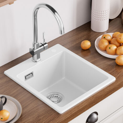 CECIPA MAX Evier Cuisine en Granit 40 x 45 cm, Lavabo 1 bac avec siphon et trop-plein, Évier à Encastrer au meuble 40 cm, Blanc