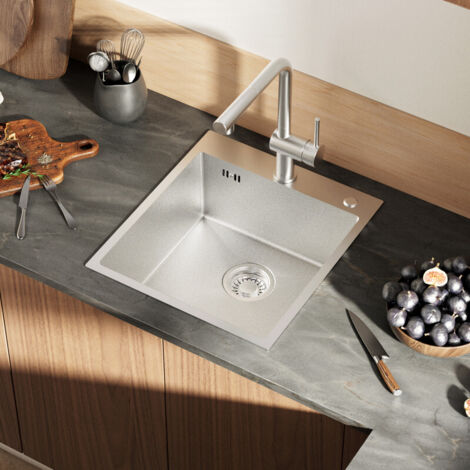 CECIPA MAX Évier de cuisine en acier inoxydable 44 x 49 cm, évier encastré pour meubles à partir de 45 cm, évier en acier inoxydable, avec bonde de vidage