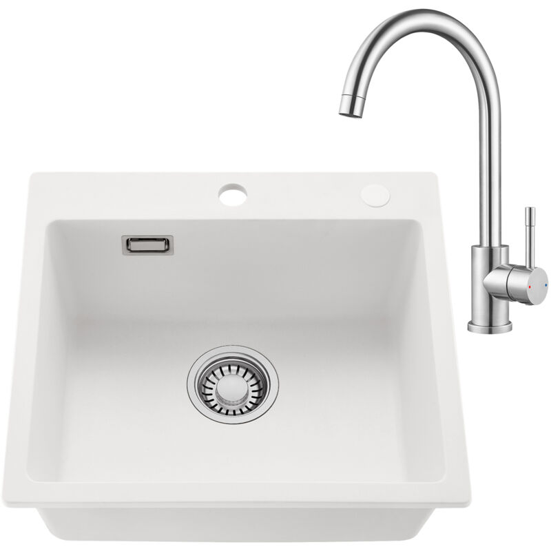 CECIPA MAX Évier de cuisine en granit blanc 50 x 45 cm evier 1 bac et robinet de cuisine en acier inoxydable – parfaitement assortis, avec siphon