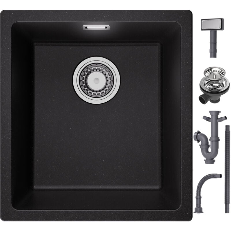 Cecipa Max - Evier en Quartz et Résine 40x44x20cm, Evier 1 Bac en Granit Noir Gris, Evier de Cuisine à Poser/à Encastrer/Sous-plan
