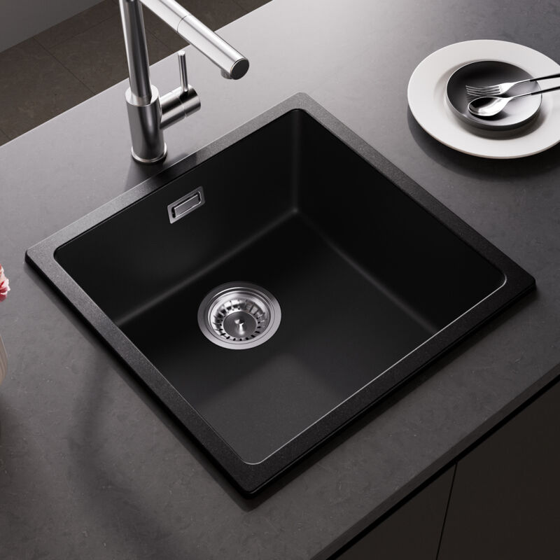 Cecipa Max - Evier en Quartz et Résine 45x44x20cm, Evier 1 Bac en Granit Noir Gris, Evier de Cuisine à Poser/à Encastrer/Sous-plan