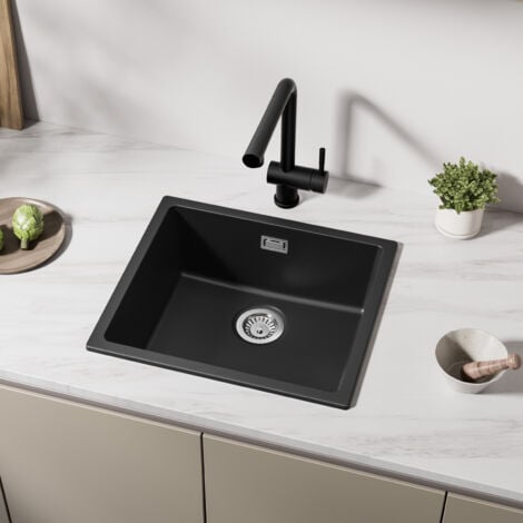 CECIPA MAX Fregadero de granito 50 x 44 cm Fregadero de cocina bajo encimera Fregadero encastrable de granito negro