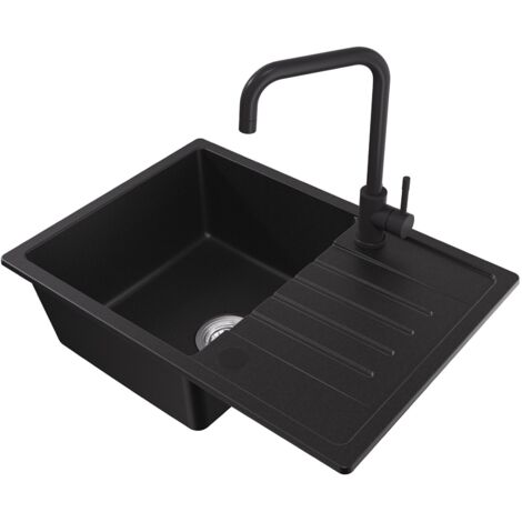 CECIPA MAX Granitspüle 65 x 45 cm Küchenspüle mit Abtropffläche, Anthrazit + Hochdruck Schwarze Küchenarmatur