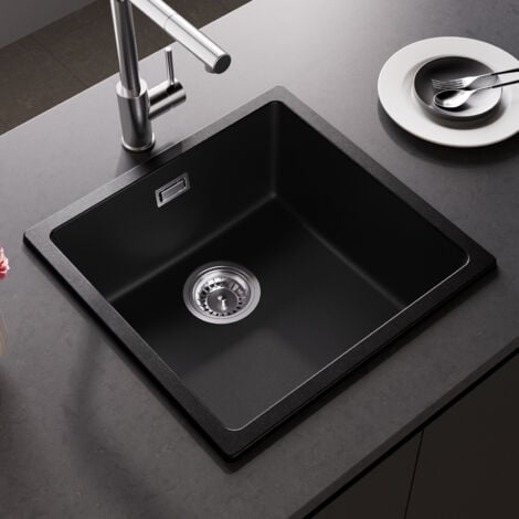 CECIPA MAX Lavello in Quarzo e Resina 45x44cm, Lavello a 1 Vasca in Granito Grigio Nero, Lavello da Cucina da Appoggio/Incasso/Sottotop