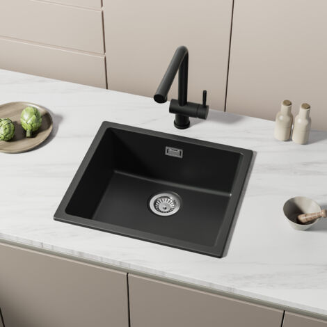 CECIPA MAX Lavello in Quarzo e Resina 50x44cm, Lavello a 1 Vasca in Granito Grigio Nero, Lavello da Cucina da Appoggio/Incasso/Sottotop