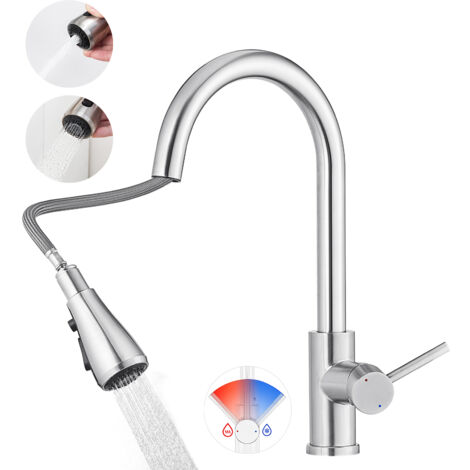 Cecipa MAX Miscelatore per lavello con doccetta estraibile - Rubinetto da cucina con 2 modalità di getto - Miscelatore per lavello con gorgogliatore staccabile - Spazzolato