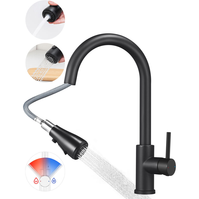 Cecipa Max - Mitigeur Evier Avec Douchette Extractible - Robinet de Cuisine à 2 Modes de Pulvérisat - Mitigeur Evier Avec Barboteur Démotable - Noir