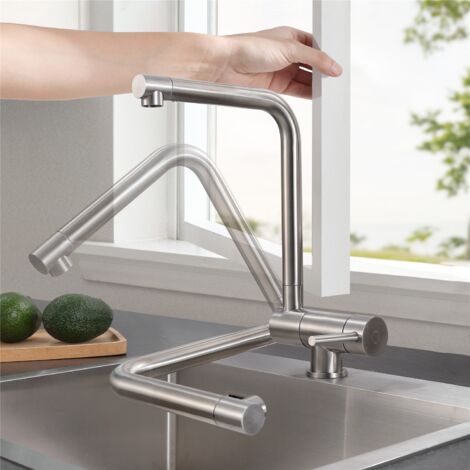 CECIPA Mitigeur Cuisine Rabattable Pivotant à 360°, Robinet Cuisine avec Poignée Pliable Contre Fenêtre, Mitigeur Evier Acier inoxydable Brossé