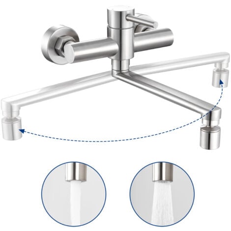 Cecipa Mitigeur de Cuisine Mural Acier Inoxydable Brossé, Robinet de Evier Mural avec 2 Jets, Mitigeur Cuisine Pivotant à 360° Robinetterie d'évier Chauds et Froids