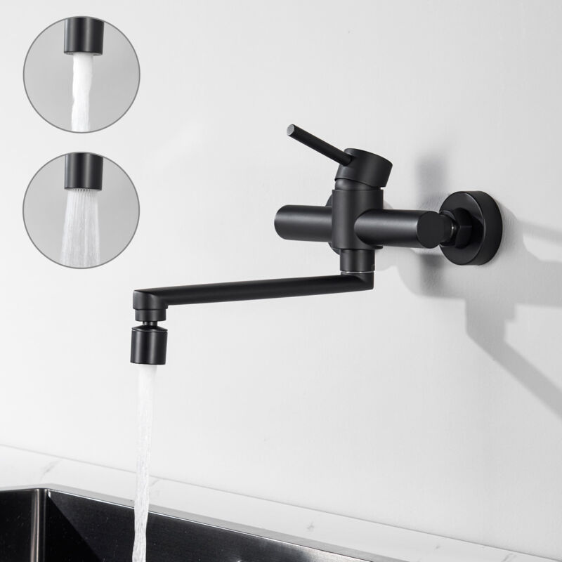Cecipa - Mitigeur de Cuisine Mural Noir, Robinet de Evier Mural avec 2 Jets, Mitigeur Cuisine Pivotant à 360° Robinetterie d'évier Chauds et Froids