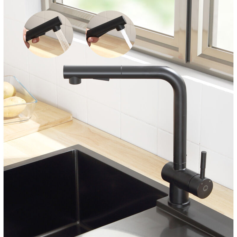 Cecipa - Robinet de cuisine haute pression avec douchette 2 types de jets d'eau pivotant à 360° en acier inoxydable