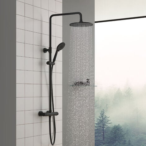 Columna de ducha negra montada en la pared grifo de ducha conjunto de  lluvia cabezal de ducha con masaje corporal Jet Shower mezclador torre sin