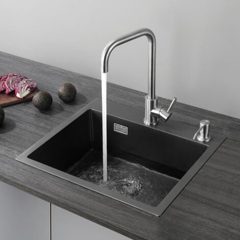 Cecipa Negro Fregadero Cocina un Seno, Fregadero 50 x 45 Sobre Encimera o Encastrado 304 Acero Inoxidable Negro Antracita