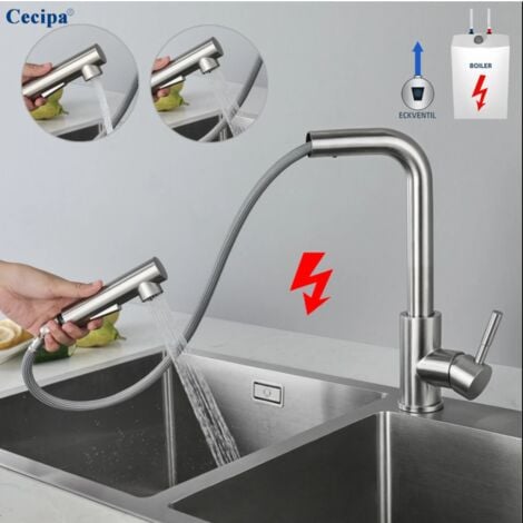 Cecipa Niederdruck-Ausziehbar Küche Wasserhahn Mischbatterie, Küchenarmatur mit Brause Zwei Wasserstrahlarten Gebürsteter Edelstahl Küchenarmaturen