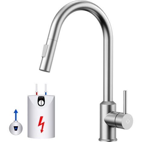 Cecipa Niederdruck Küchenarmatur-Ausziehhahn Mit 2 Wasserauslassmodi, 360° drehbarer Küchenspülenmischer aus Gebürsteter Edelstahl, Spülenmischer für Heizkessel und Heizgeräte