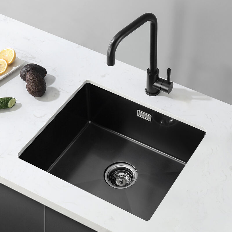 CECIPA Noir Evier Cuisine 1 Bac Évier Inox 1 Cuve avec Siphon et Trop-Plein Evier 1 Bac Évier Noir Évier de Cuisine Inox 50×43×18.5CM