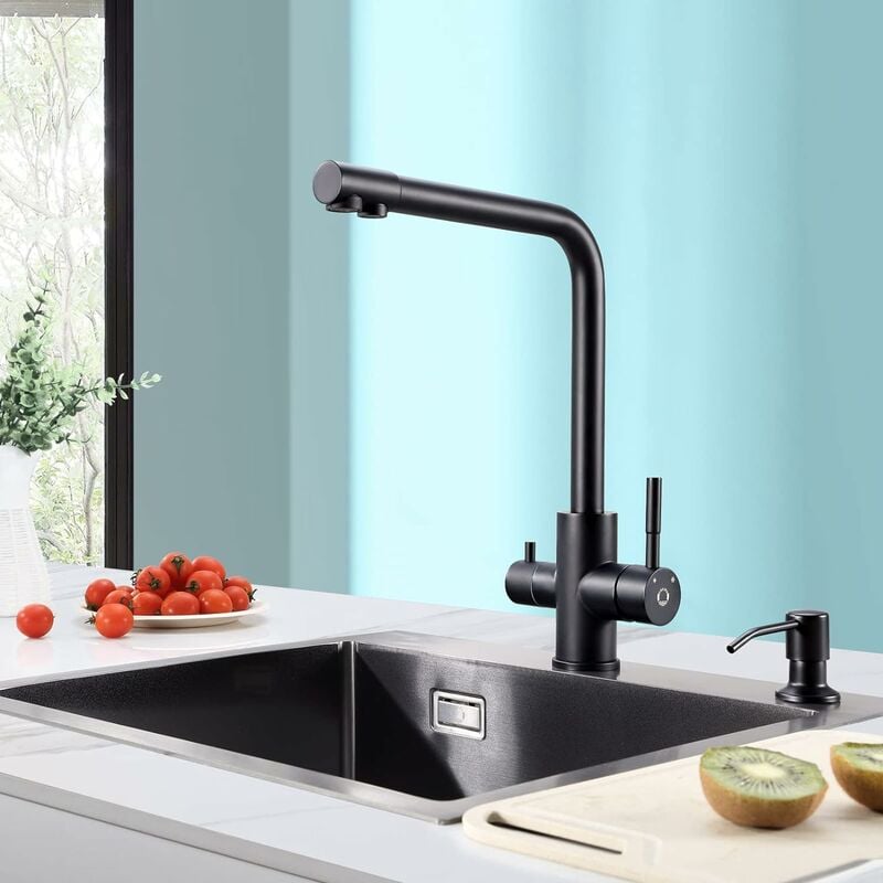 Cecipa - pure-b Robinet Cuisine 3 Voies, Mitigeur d'Évier avec Deux Sorties D'eau: Eau Filtrée et Eau Chaude/Froide - Bec Orientable 360° en Acier