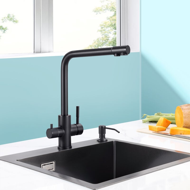 Robinet de Cuisine 3 voies, Mitigeur d'Evier de Cuisine avec Sortie Eau Filtrée, Noir - Noir Mat - Cecipa