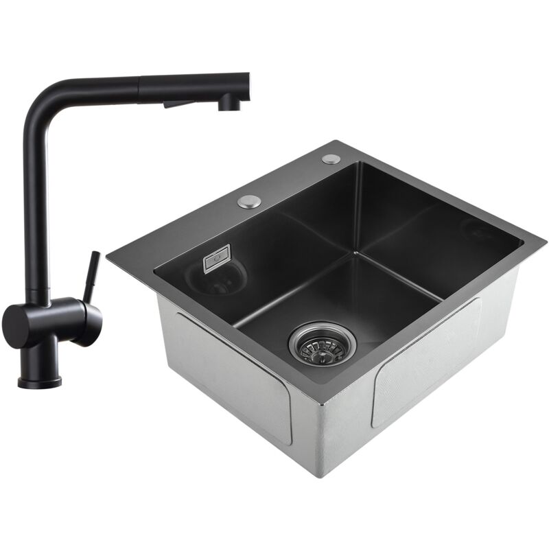 Cecipa - vier de Cuisine Noir gris 1 Bac avec Siphon et Trop-Plein + Robinet de Cuisine Extractible Noir avec Douchette Bec Rotatif
