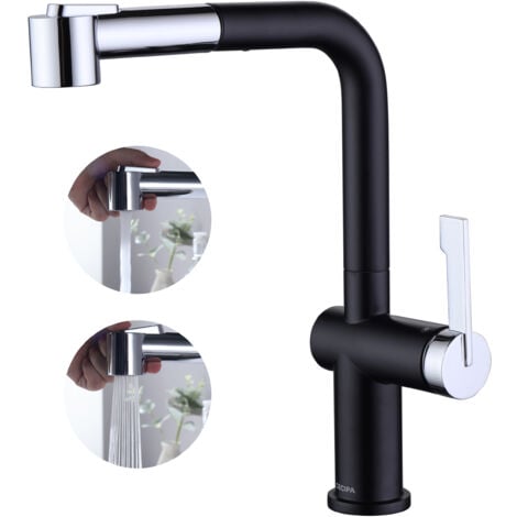 CECIPA Robinet de Cuisine Noir Mitigeur 7-Forme en Acier Inxo 304 Mitigeur Cuisine 360 Rotatif avec Mousseur Démontable