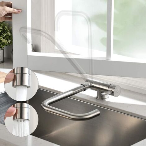 CECIPA Robinet de Cuisine Rabattable 2 Jets aux Choix, Mitigeur Evier Repliable en Acier Inoxydable devant Fenêtre, Robinet Évier Pivotant à 360º Brossé Anti-empreinte