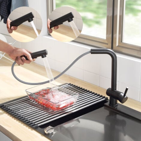 Cecipa Rubinetto da cucina estraibile nero ruotabile di 360°- Acciaio inossidabile - Modalità uscita acqua a 2 funzioni