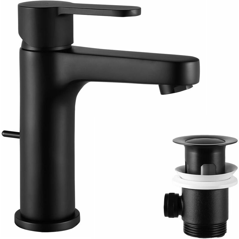 Cecipa - Rubinetto per lavabo Nero con asta di trazione, rubinetto per bagno con altezza di erogazione 112 mm, rubinetto per il bagno ad alta