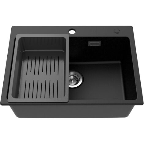 CECIPA Spülbecken Schwarz Granit 60 x 45 cm, Küchenspüle mit Siebkorb, Waschbecken Küche, Spüle Schwarz Granitspüle für 60cm breite Unterschränke mit Siphon Ab- und Überlaufgarnitur