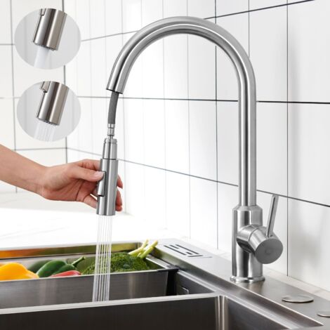 Cecipa U-förmiger, herausziehbarer Küchenmischer, Hochdruck Küchenarmatur aus gebürstetem Edelstahl, mit herausziehbarer Brause, Spülbecken-Mischbatterie, 2 Wasserauslass-Modi