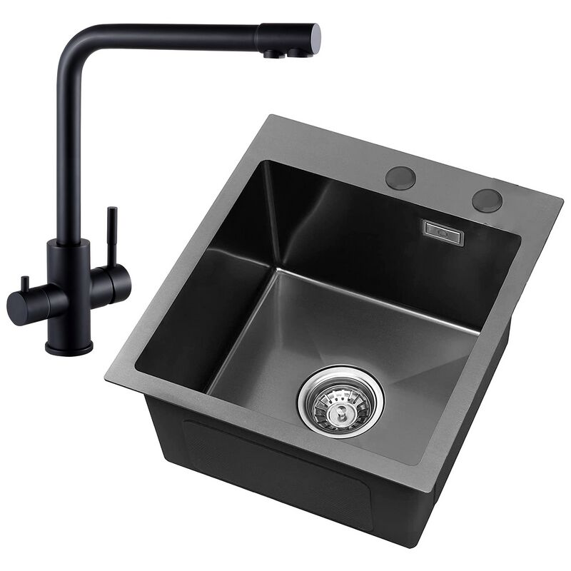 Vier Cuisine 1 Bac 40 × 45 cm Évier Inox Montage à Encastrer ou à Fleur de Plan, avec Siphon, Trop-Plein, Anthracite(Pas de Distributeur de