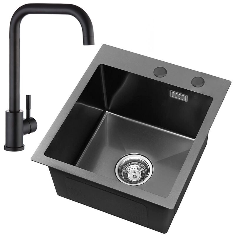 Cecipa - vier Cuisine 1 Bac 40 × 45 cm Évier Inox Montage à Encastrer ou à Fleur de Plan, avec Siphon, Trop-Plein, Anthracite(Pas de Distributeur de