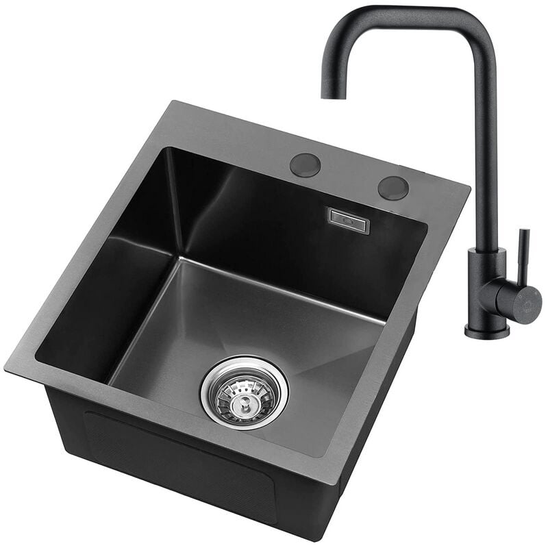 Cecipa - vier Cuisine 1 Bac 40 × 45 cm Évier Inox Montage à Encastrer ou à Fleur de Plan, avec Siphon, Trop-Plein, Anthracite(Pas de Distributeur de