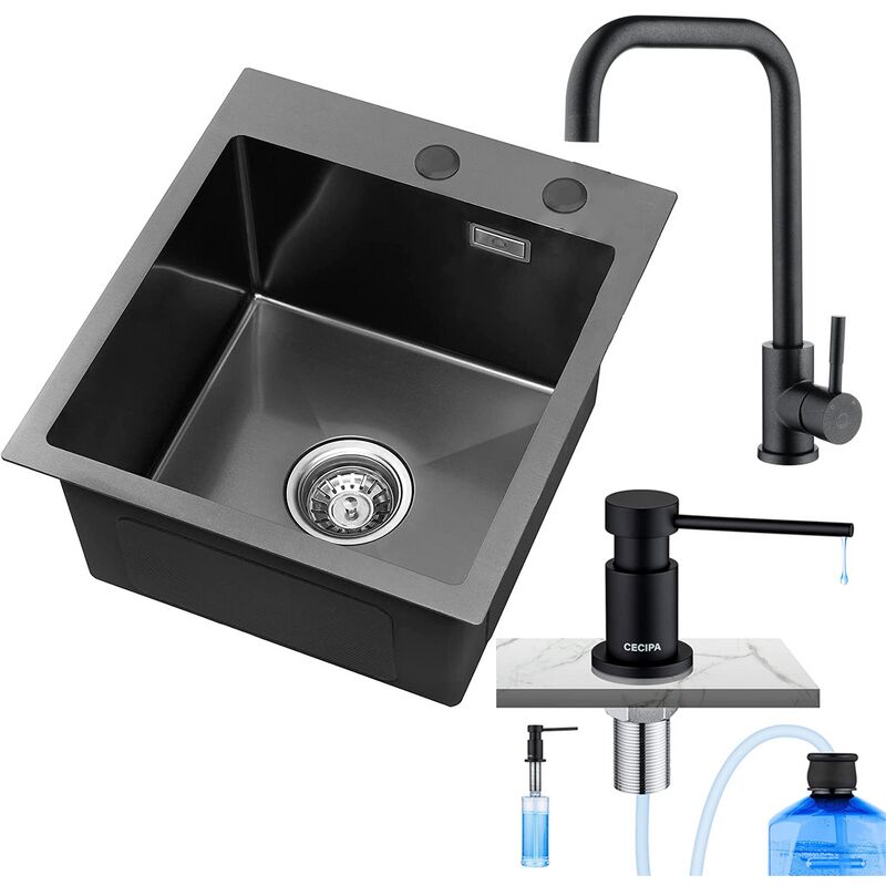 Cecipa - vier Cuisine 1 Bac 40 × 45 cm Évier Inox Montage à Encastrer ou à Fleur de Plan, avec Siphon, Trop-Plein, Anthracit+Robinet Cuisine Noir