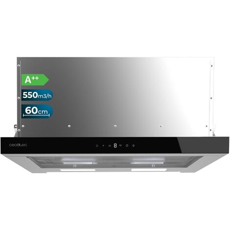 Cecotec 60cm Hotte aspirante télescopique Flux TLT 605500 Glass Black A++. Moteur 70W, faible consommation d'énergie, façade en verre blanc, puissance d'aspiration 550m3/h, Contrôle tactile et gestuel