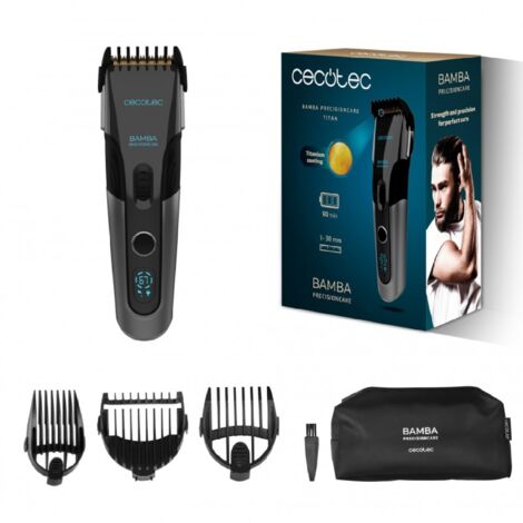 Cecotec Bamba PrecisionCare Titan tondeuse à cheveux. Lame  revêtue de titane with, 90 min d'autonomie, Jusqu'à 30 mm, Sans fil, 3 peignes-guides, Affichage, Entretien avertissement de, Fonction de ve