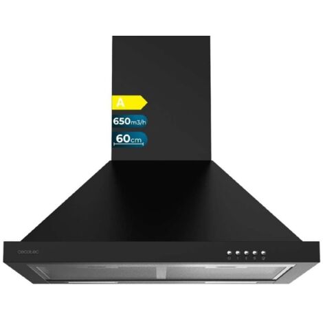 Cecotec – Hotte casquette pyramidale 60cm – Aspiration 650m3/h – Moteur 165W – Classe A – 3 niveaux de puissance – Filtre à charbon inclus