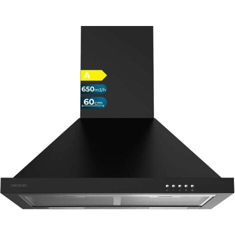 Cecotec Campana Extractora 60 cm Piramidal Bolero Flux PM 606500 Black A. Motor 165W, Acabado Inox, Succión 650m3/h, Control Mecánico, 3 Niveles de Potencia, Luz y Filtro de Carbono