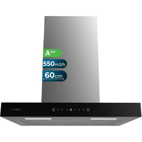 Cecotec Campana Extractora 60 cm Tipo T Bolero Flux TT 605500 Glass Black A++. 70W, Frontal Cristal Negro, Bajo Consumo, Succión 550m3/h, Control Táctil, 3 Niveles, Booster, Luz LED, Filtro Carbono