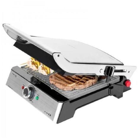Cecotec Grill électrique Rock’nGrill Pro. Revêtement en Rockstone, Palteaux amovibles et réversibles, Ouvre 180º, Surface 34 x 23cm, Acier inoxydable